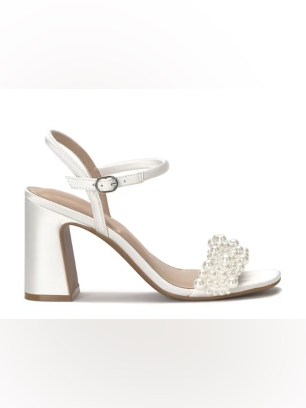 New Kelly & Katie Evelina White Pearl-Embellished Satin Block Heel Sandals 7 NWO